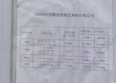 高速路段电车充电价格公告牌。 图/九派新闻 杨臻