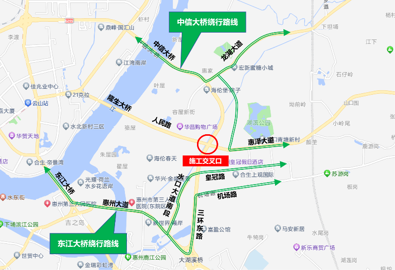 三环东路/惠泽大道交叉口施工期间外围绕行示意图。