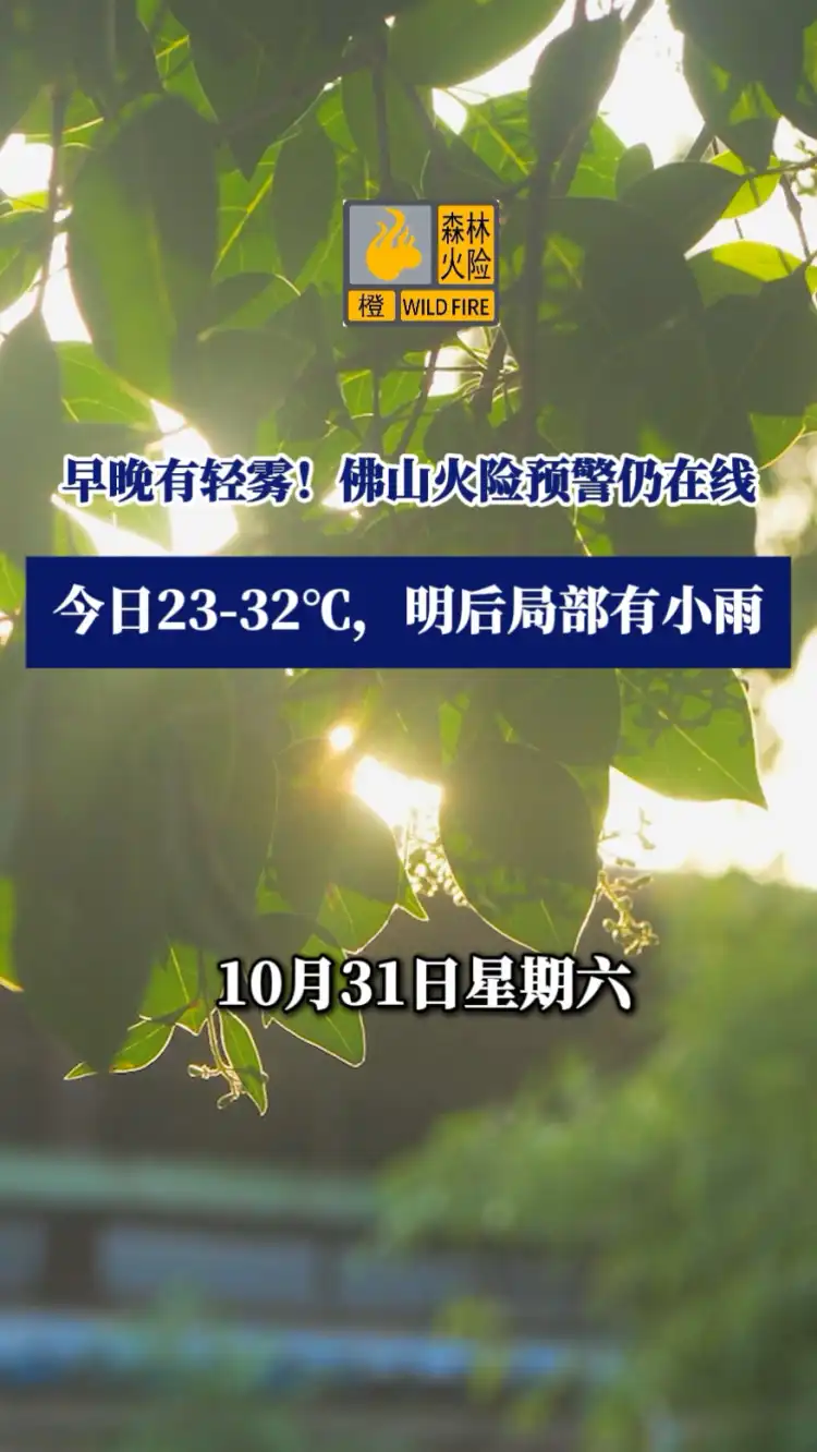 10月31日 佛山天气
早晚有轻雾!佛山火险预警仍在线
今日23-32°C，明后局部有小雨