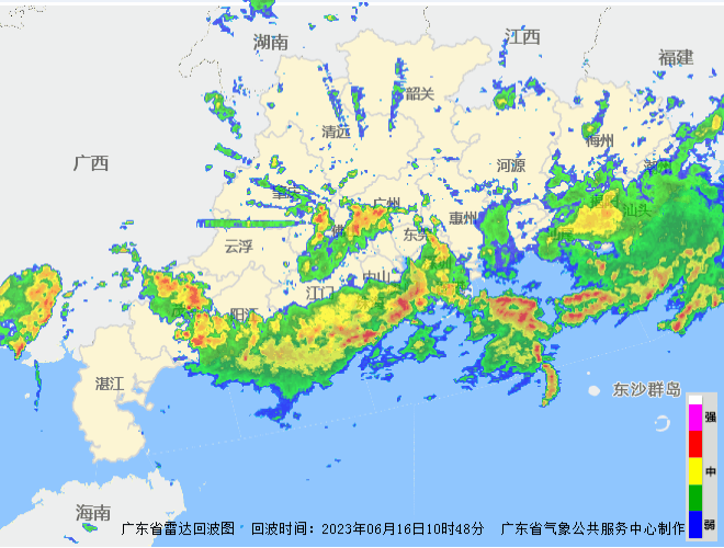 6月16日08至11时,佛山、江门、汕尾、珠海、茂名等地雨势猛烈,累计雨量在50毫米以上。.gif