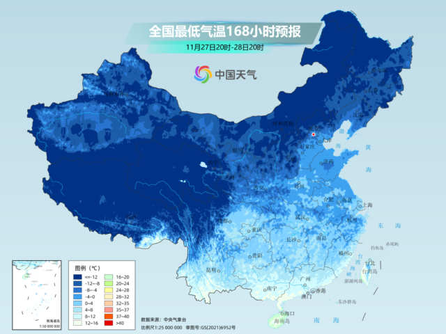 ↑ 看28日最低气温预报图,整个图都是“冬日蓝”了……