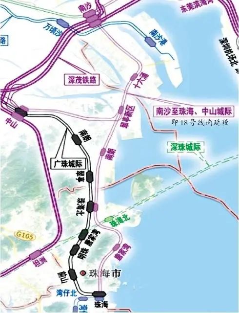 南沙至珠海(中山)城际即18号线南延段线路示意图。