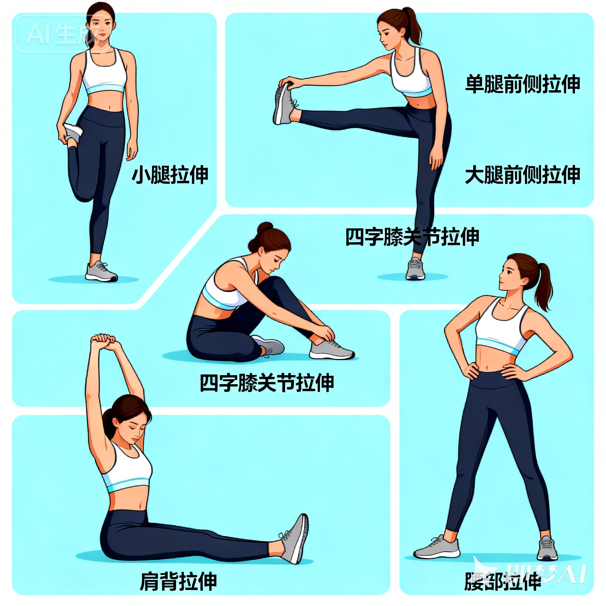 jimeng-2026-03-17-3553-清晰展示 5 个拉伸动作（小腿、大腿前侧、四字髋关节、肩背、腰部）的真人示范.png