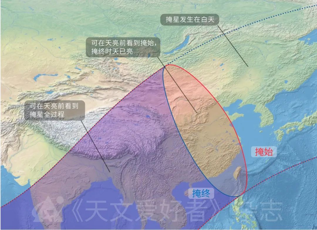 7月25日月掩土星中国范围附近的掩带示意图，图中阴影范围为最适合观测区域，可在天亮前看到掩星的全过程。.jpg