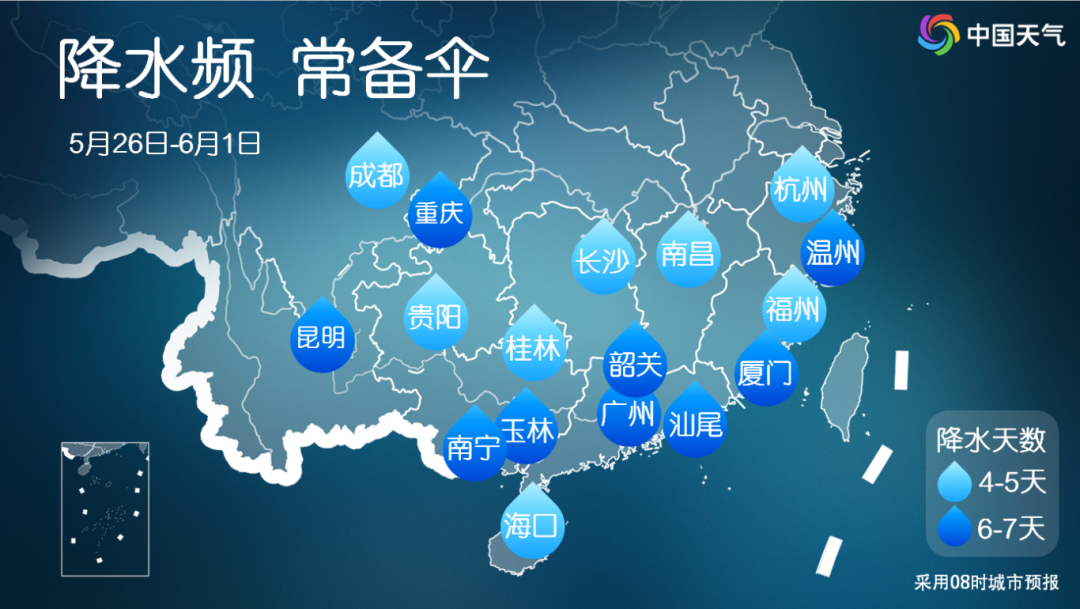 本周江南南部、华南一带降雨频繁,降雨日数多。.png