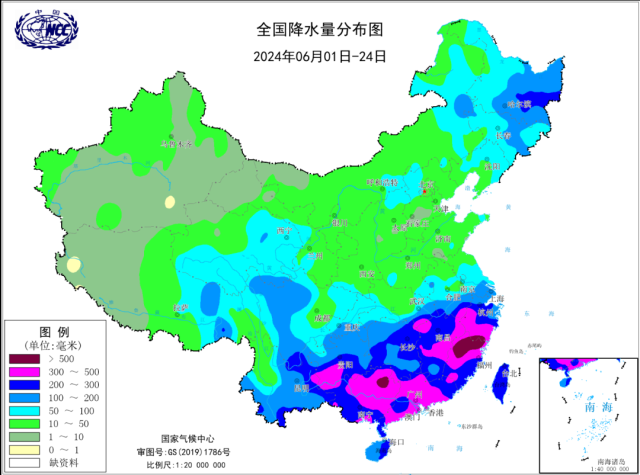 2024年6月以来全国总降水量分布图(单位:毫米)。图片来源:中国国家气候中心