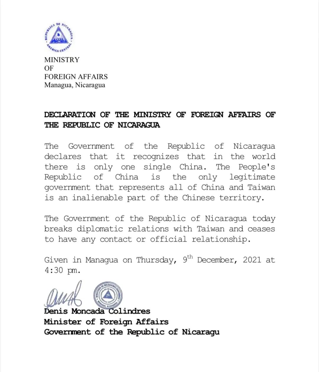 尼加拉瓜宣布与台湾“断交”！