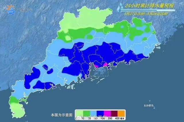 5月27日20时至28日20时，广东省24小时累计降水量预报示意图。图片来源：广东天气官方微博