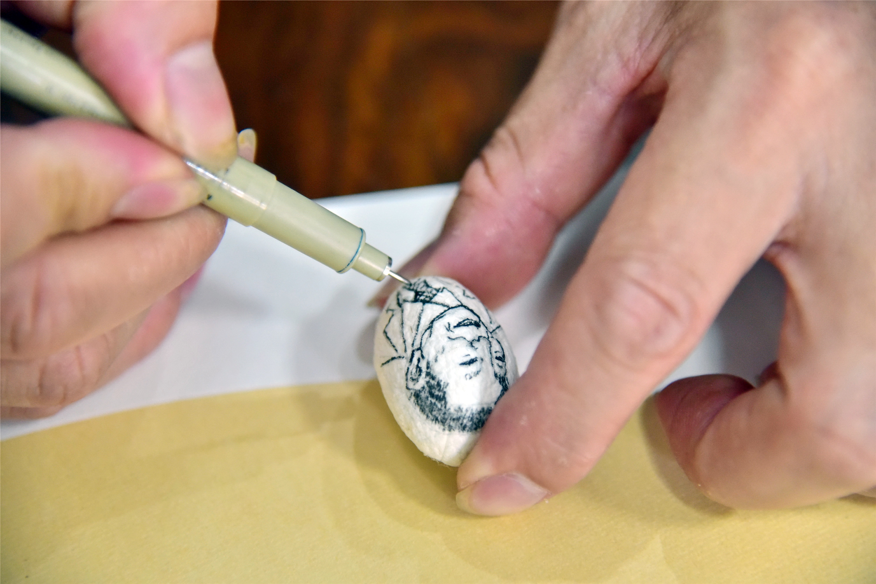 佛山蚕桑丝织研学基地老师在蚕茧画出袁隆平画像