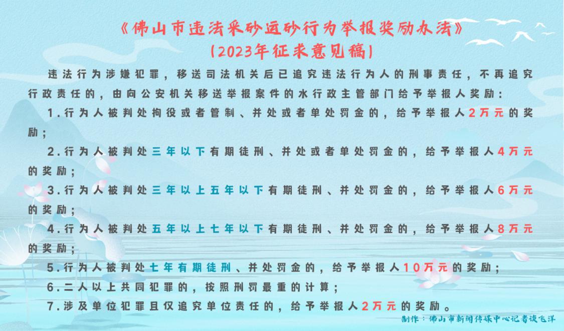 《佛山市违法采砂运砂行为举报奖励办法》(2023年征求意见稿) 相关奖励标准.png