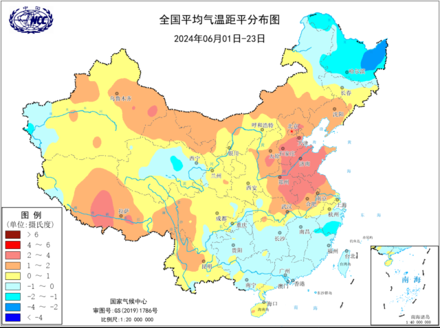 2024 年 6 月以来全国气温偏离常年同期的距平(单位:℃),可以看到华北、中原多地显著偏高。图片来源:中国国家气候中心
