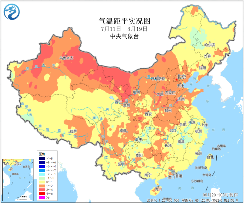 从今年三伏期间(7月11日-8月19日)气温距平实况图来看,新疆和内蒙古西部偏热,华北、黄淮大部略偏高,南方大部还是和常年同期持平。.png