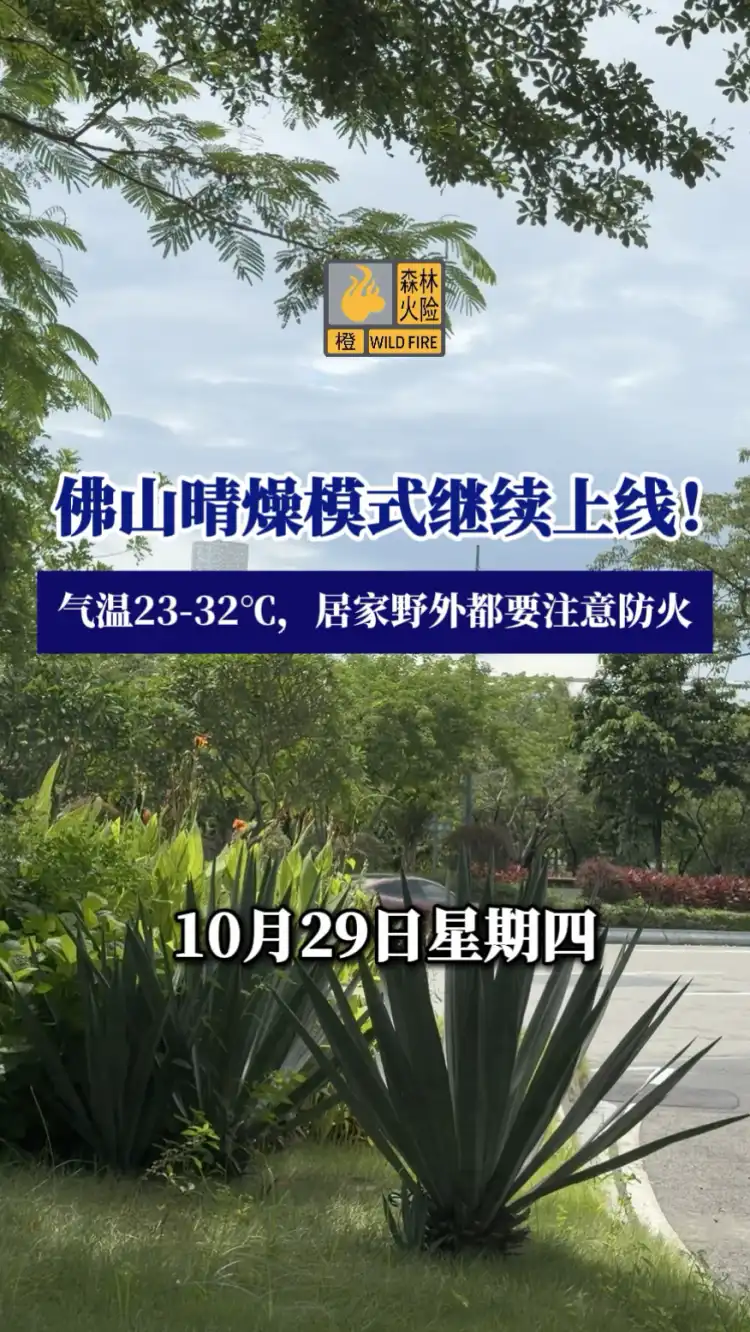 10月29日 佛山晴燥模式继续上线!
气温23-32°C,居家野外都要注意防火