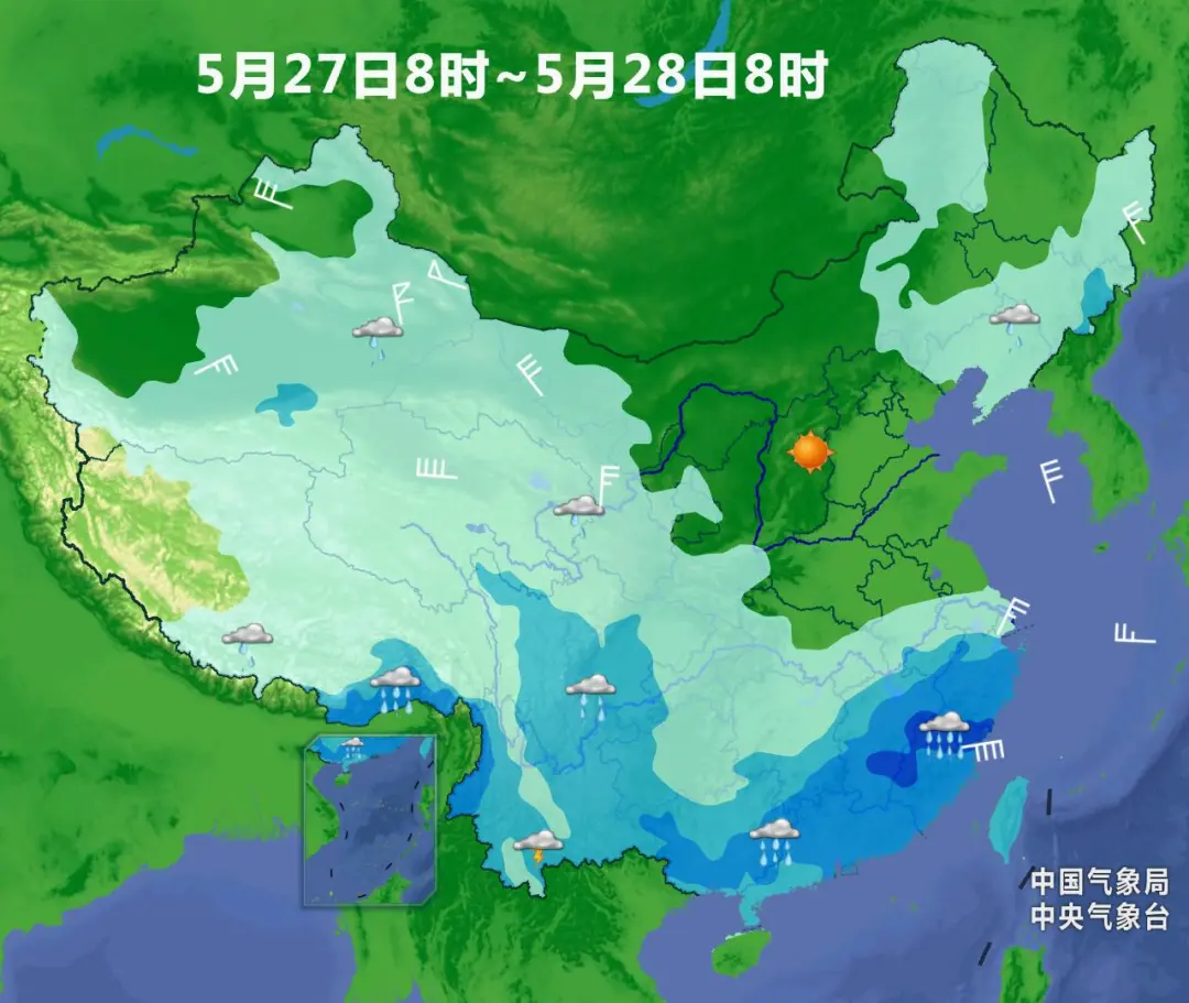 5月27日降雨核心向东向南转移到江南东部、华南等地。.jpg