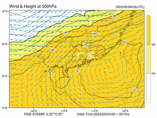 5月26-31日华南500hpa高度场预报图,备注:橙色区域为副热带高压控制区域.gif