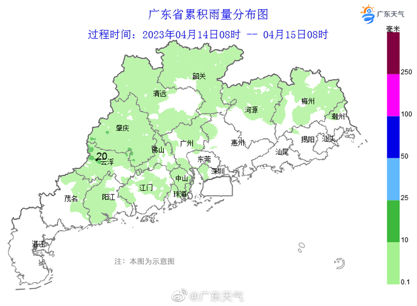 4月14日夜间,雨水主要出现在广东的北部和中西部地区,由于缺少偏南气流参与,雨量大打折扣。.jpg